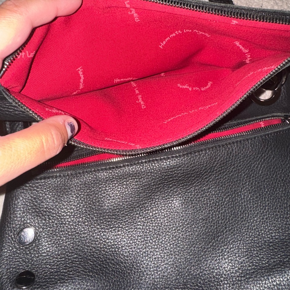 Hammitt Bags VIP Montana Pebbled Leather Fold Crossbody Bag Black Red gunmetal - Picture 6 of 13